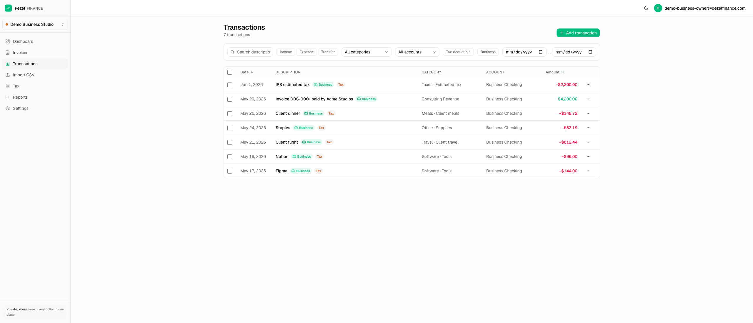 Avenir Hub transactions view with multi-select bulk actions bar